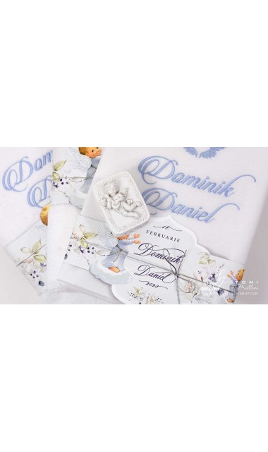 Trusou botez cu ingeri si flori de bumbac personalizat pentru baieti Ingerul Albastru 21